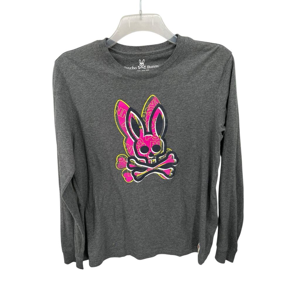 Psycho Bunny Graphic T-shirt Long Sleeve Gray Cotton Size 5 Medium